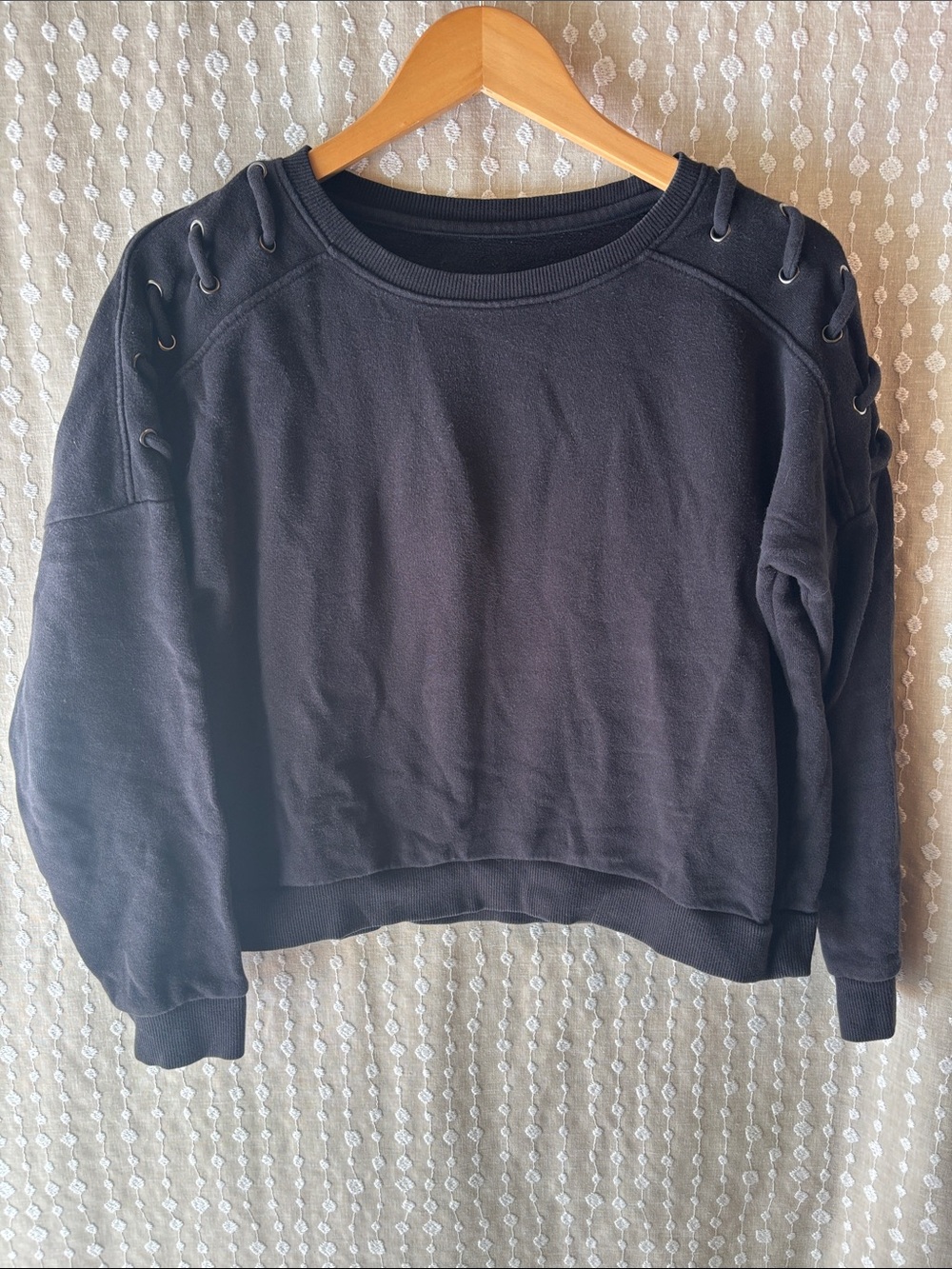 Betsey Johnson Faded Black Crop Sweatshirt with Grommet arms